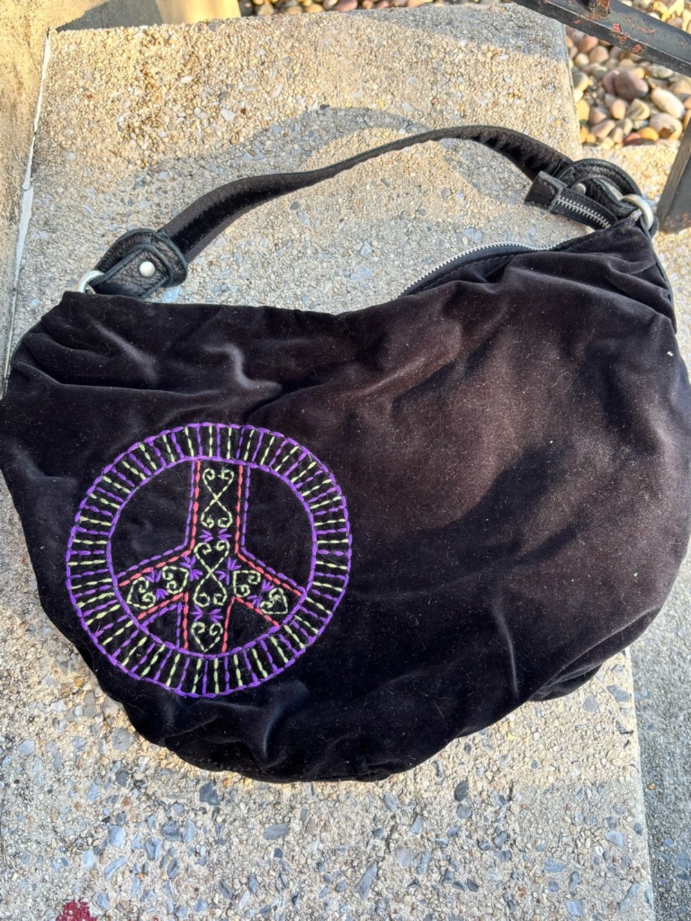 Lucky Brand Black Velvet Shoulder Bag with Purple & Green Embroidery. NWOT